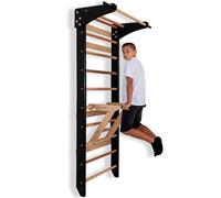Échelle suédoise noire avec barre de traction et barres parallèles pour enfants et adultes - Mur d’escalade en bois, équipement de fitness multifonction avec poignées de traction, barres & toise intég