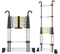 Échelle Télescopique 2,5m, Aluminium, Extensible, avec Crochet, Marches Réglables, pour Le Nettoyage des Gouttières, Le Nettoyage des Fenêtres, l'organisation du Stockage, etc.