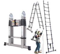 Échelle télescopique 3,8 m avec cadre en A - Extension pliable en acier inoxydable robuste multi-usage pour la maison, le grenier, échelle de grenier, échelle pliable de 1,9 m + 1,9 m, capacité de 150