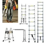 Échelle Télescopique 3,8 m, Escabeau Pliant en Aluminium 2-en-1, Echelle Multifonction, A Forme Pliable Polyvalente Escabeau, 12 Marches et Un Barres d'Équilibre, Rangement Facile, Charge Max 150 kg