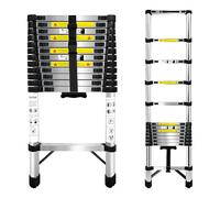 Echelle Telescopique 3,8m de Acier Inoxydable,Escabeau Echelle avec Boucle de sécurité,Escabeau Telescopique Patins antidérapants pour Toiture Décoration et Entretien Charge 150 KG Argenté
