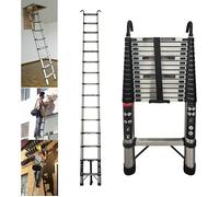 Échelle Télescopique 4,4M 14,4FT en Acier inoxydable Argent avec Crochets de Toit Telescopic Ladder Pliable Extensible Échelles