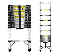 Echelle Telescopique 4,4m de Acier Inoxydable,Escabeau Echelle avec Boucle de sécurité,Escabeau Telescopique Patins antidérapants pour Toiture Décoration et Entretien Charge 150 KG Argenté