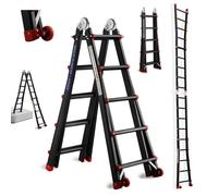 Echelle Telescopique 5,1m Aluminium,TEENO Escabeau 5x5 Marches,Marchepieds Escamotables, Détachable Roues,Charge Max 150kg,Noir