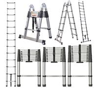 Échelle Télescopique 5m / 2,5+2,5m en Acier, Bricolage Escabeau Telescopique Pliable Extensible avec Stabilisateur, Échelle Multifonction Ladder - Charge maximale : 150 kg