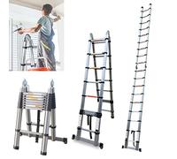 Échelle Télescopique 5m / 2,5 m + 2,5 m avec stabilisateur - Échelle Multi-Usage - Charge maximale : 150 kg, Échelle Escabeau Télescopique en Acier Inoxydable 16 Echelons
