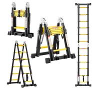 Échelle Télescopique Aluminium 5 M (2.5+2.5),TEENO Escabeau Polyvalent Antidérapant,2 Roues Amovibles,Stabilisateurs Triangulaires