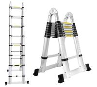 Échelle télescopique de 5 m, échelle pliante à rallonge portable en acier inoxydable de 2,5 m + 2,5 m, capacité de charge de 150 kg