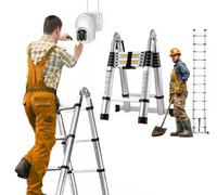 Échelle télescopique légère de 3,8 m en Métal avec Barre stabilisatrice et Pieds antidérapants, capacité de Charge de 150 kg (1,9 m + 1,9 m)