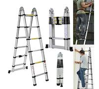 Échelle télescopique pliable en aluminium - 3,8 m - 2 en 1 - Avec barre de support - Pliable - Multifonction - Facile à rétracter - Pour maison, appartement, bureau, hangar, entrepôt