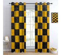 Échiquier Jaune Noir Salon Rideaux Occultants,Texture Maillage Enfants Panneaux Rideaux intérieurs,Culture des Sports mécaniques Draperies,Style Industriel Chambre Décoration Fenêtre L132 x H240cm x2