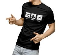 ECHJCG Eat Sleep Code White Yellow Black Red Mens Women T Shirt 100% Cotton Geek Coding Gift Fun Men Women White Black JA35(Large)