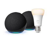 Echo Dot (5e génération) | Anthracite, pack de 2 + Philips Hue Smart Bulb (E27), Fonctionne avec Alexa - Kit de démarrage Maison connectée