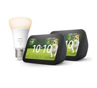 Echo Show 5 (3e génération) | Anthracite, pack de 2 + Philips Hue White ampoule connectée (E27), Fonctionne avec Alexa - Kit de démarrage Maison connectée
