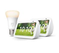 Echo Show 5 (3e génération) | Blanc, pack de 2 + Philips Hue White ampoule connectée (E27), Fonctionne avec Alexa - Kit de démarrage Maison connectée