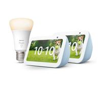 Echo Show 5 (3e génération) | Bleu-gris, pack de 2 + Philips Hue White ampoule connectée (E27), Fonctionne avec Alexa - Kit de démarrage Maison connectée