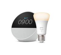 Echo Spot | Blanc + Philips Hue White, ampoule connectée LED E27, fonctionne avec Alexa - Kit de démarrage Maison connectée