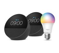 Echo Spot | Noir, pack de 2 + Tapo L530EA ampoule connectée LED (E27), Fonctionne avec Alexa - Kit de démarrage Maison connectée