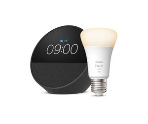 Echo Spot | Noir + Philips Hue White, ampoule connectée LED E27, fonctionne avec Alexa - Kit de démarrage Maison connectée