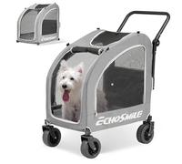 EchoSmile Poussette pour Chien de Petite et Moyenne 60 kg, Chariot pour Chien Pliable Tout Terrain avec Double Freinage, Ceintures de Sécurité et Fenêtres Grillagées, Gris