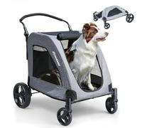EchoSmile Poussette pour Chien Moyenne et Grande Jusqu'à 70 kg, Poussette Chien Pliable avec Fenêtres en Filet, Poignée Réglable et 4 Roues Tout-Terrain