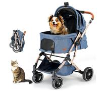 EchoSmile Poussette Pour Chien Pliable en un Bouton, Poussette Chien 20kg Tout Terrain avec Poignée Réversible, Absorption Des chocs et Coussinet Amovible Lavable (Bleu)