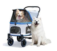 EchoSmile Poussette pour grands chiens jusqu'à 70 kg, pliable, avec fenêtres en filet, poignée réglable et 4 roues tout-terrain, grise et bleue