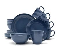 ECHTWERK Alicia Service de table 16 pièces vintage design moderne pour 4 personnes en grès bleu foncé avec 4 assiettes plates, 4 assiettes d'accompagnement, 4 bols, 4 tasses à thé
