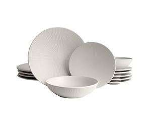 ECHTWERK Blanka Service de table vintage 12 pièces 4 personnes Design naturel élégant avec structure en faïence avec 4 assiettes plates, 4 assiettes à dessert, 4 assiettes creuses, crème EW-DW-4015C