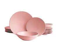 ECHTWERK Blanka Service de table vintage 12 pièces pour 4 personnes Design naturel élégant avec structure en faïence avec 4 assiettes plates, 4 assiettes à dessert, 4 assiettes creuses, rose