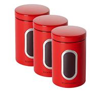 ECHTWERK boîtes à provisions élégantes Lot de 3 rouges, pour la conservation de farine/sucre/céréales/thé, boîte métallique avec couvercle hermétique et grande fenêtre, capacité 1, 4L, Iron, 3