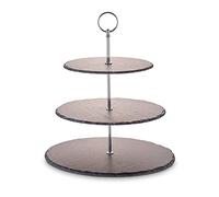 ECHTWERK Etagère/plateau de service pour pâtisseries, fruits, fromages et desserts en ardoise naturelle avec 3 niveaux et poignée métallique, édition argent, Ø ardoises env. 20/25/ 30 cm, faïence