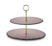 ECHTWERK Etagère/plateau de service pour pâtisseries, fruits, fromages et desserts en ardoise naturelle avec 2 niveaux et poignée métallique, édition or, Ø ardoises env. 25/30 cm, faïence