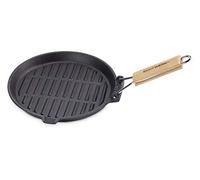 ECHTWERK Poêle à griller en fonte et revêtement émaillé 24cm, poignée en bois amovible, écoulement latéral de la graisse, poêle adaptée aux foyers, BBQ et fours