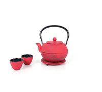 ECHTWERK Service à thé en fonte, théière 1,1 L avec passoire amovible, théière avec soucoupe, set de théières au design vintage pour la préparation de thé en vrac, rouge