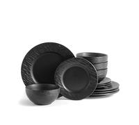 ECHTWERK service de table 12 pièces "New Modern", pour 4 personnes, effet ardoise, en grès, 4 assiettes plates, 4 assiettes à dessert, 4 bols, noir