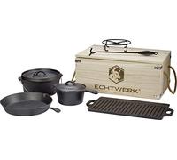 ECHTWERK Set de 7 Dutch Oven en fonte dans une caisse en bois, set de casseroles avec marmite, casserole à manche, plaque de gril, poêle, déjà cuit au four