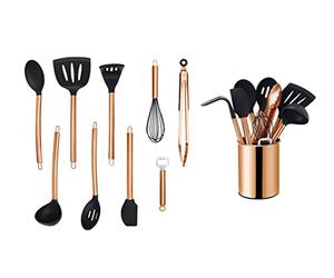 ECHTWERK Ustensiles cuisine, 10 pièces, silicone antiadhésive, manche inox, support, édition cuivre.