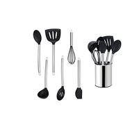 ECHTWERK Ustensiles cuisine, 7 pièces, silicone antiadhésive, manche inox, support, édition argent.