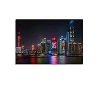 ECHUN Poster de la ville de Shanghai Skyline Veilleuses reflétant dans l'eau Décoration murale sur toile 60 x 90 cm