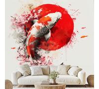 Éclaboussure D'Encre Carpe Fleur Rose Papier Adhesif Soleil Rouge Peinture À L'Encre Mural Poisson Panoramique Papier Peint 3D Effet 200x150 cm pour Salle de Bain Salon Chambre