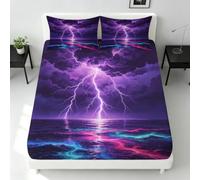 éclair Violet Drap Housse 120 x 200 Bonnet 30 cm Élastique | Tempêtes en Mer Drap-Housse 1 Personne, Antidérapant Parure de lit, Inclus 2 Taies d'oreiller