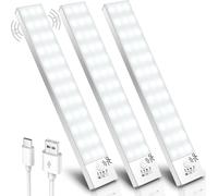Eclairag Placard Avec Detecteur De Mouvement, 5000K Led Sous Placard Cuisine 1000Mah Lampe Led Pile Sans Fil Reglette Rechargeable Usb Lampe Armoire Pour Escalier Couloir Garde-Robe -Lot De 3