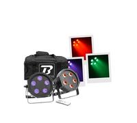 Eclairage de scène LED FlatPAR 5X5W 4in1 Set RGB-UV - Lot de 2 - DMX, Télécommande IR, Sac de transport