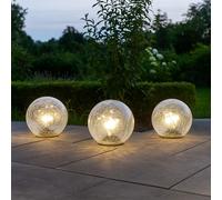 Lampe extérieure Lampe sphérique Lampe solaire, 10 flammes, guirlande lumineuse LED, lampe de terrasse, lampe de jardin, verre craquelé, 10x LED, DxH 15x15 cm, set de 3 pièces