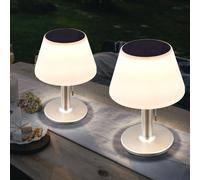 Lampe de table lampe solaire lampe d'extérieur lampe de terrasse lampe de table balcon, IP44 interrupteur à tirette à pile acier inoxydable blanc, 10x LED blanc chaud, DxH 19,5x28 cm, lot de 2