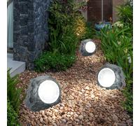 Lampes de décoration de jardin aspect pierre Lampes solaires pour jardin extérieur Décoration de terrasse à LED solaire, plastique gris, 2x LED 3000K, LxlxH 16,5x12,3x10,5 cm, lot de 3