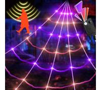 [Éclairage et parole activés par le mouvement] Toile d'araignée d'Halloween de 5,1 x 5,2 m, 150 LED violettes et oranges, triangulaire, géante, imperméable avec toile d'araignée de 200 m² pour