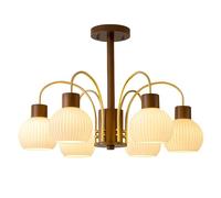 Éclairage Lustre en verre de lait nervuré à 6 lumières, lustre rustique en bois de noyer de ferme, éclairage suspendu en forme de globe blanc givré, plafonnier semi-encastré moderne doré du milieu du