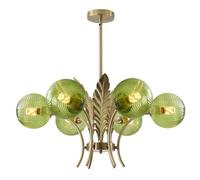 Éclairage Lustre moderne à 6 lumières, plafonnier E27, lustre Spoutnik doré du milieu du siècle avec abat-jour en verre vert, luminaire suspendu classique à hauteur réglable, montage semi-encastré